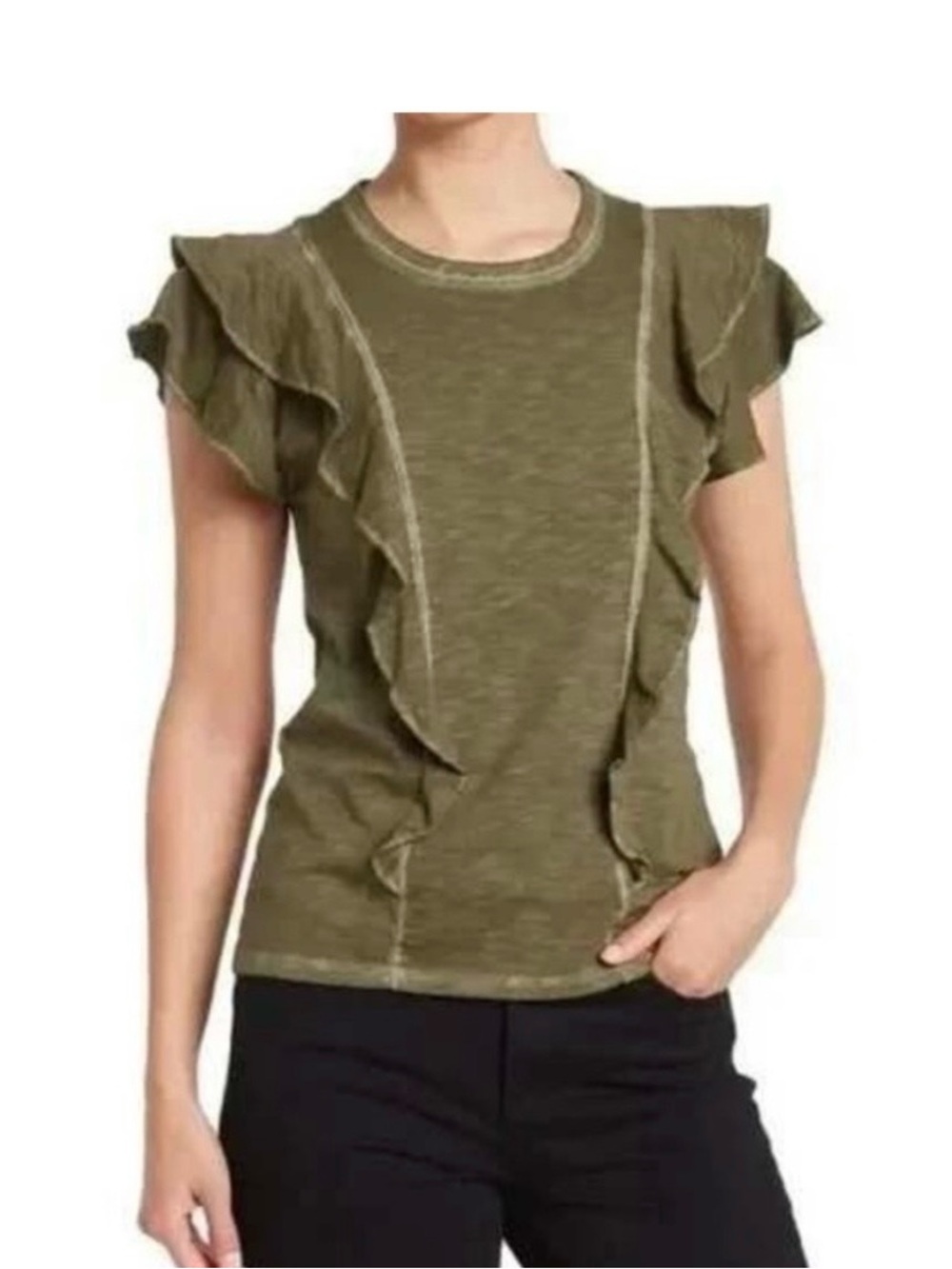 VERONICA BEARD Bea Ruffle Tee in Army Green‎ Size XS